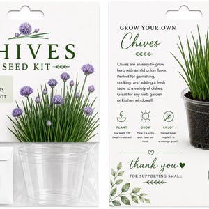 May include: A Chives Seed Kit in white packaging featuring green chive stalks with purple flowers. The kit includes a packet labeled Chives Seeds and a 4 inch clear plastic pot. The back of the card provides instructions to plant, grow, and enjoy.