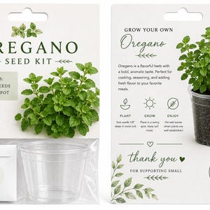 May include: An oregano seed kit in white packaging featuring green text and illustrations of the herb. The kit includes a small white envelope labeled oregano seeds and a 4-inch clear plastic pot. The back of the card provides instructions.