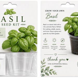 May include: A basil seed kit in white packaging featuring green basil leaves, a clear 4" pot, and a seed packet. The front displays the text BASIL SEED KIT and INCLUDES: BASIL SEED & 4" CLEAR POT. The back includes instructions and text.