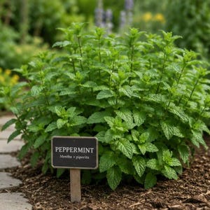 May include: A lush peppermint plant with vibrant green leaves. A small black sign in front reads "PEPERMINT" and "Mentha x piperita". The plant is surrounded by mulch and set against a blurred garden background.