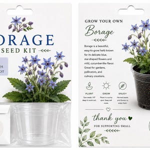 May include: A borage seed kit featuring a white card with blue text reading Borage Seed Kit, includes borage seeds and a 4 inch clear pot. The packaging displays a borage plant with blue star-shaped flowers, planting instructions, and a small seed packet.