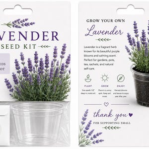 May include: A lavender seed kit in white packaging featuring purple lavender illustrations and text. The kit includes a packet labeled lavender seeds and a 4-inch clear plastic pot. The back of the card provides instructions for planting, growing, and enjoying the herb.