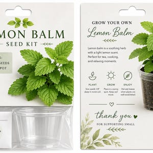 May include: A Lemon Balm seed kit featuring a white card with green text and a graphic of a green plant. The kit includes a small white envelope labeled Lemon Balm Seeds and a 4-inch clear plastic pot. The packaging includes planting instructions.