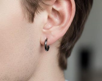 Black Sterling Silver Hoop Earrings, Sleeper Style, Mens Jewelry