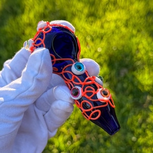 Glows at Night Eyes Glass Smoking Pipe , Large Bowl , Hand Pipe , Spoon Pipe , Tobacco Pipe , Smoke Bowl , Gift