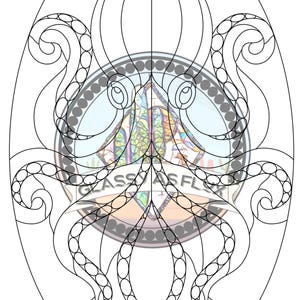 May include: A black and white line art pattern of an octopus with eight tentacles, designed for stained glass creation. The image features a central circular logo with the text GLASSY AS FLUX and a top right corner badge stating Hobby & Commercial use.
