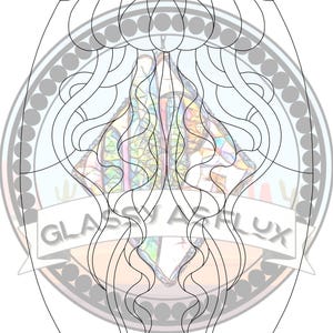 Puede incluir: Dibujo lineal en blanco y negro de un diseño de medusa, adecuado para vidrieras u otros proyectos de artesanía. El diseño tiene forma ovalada con las palabras "Glassy As Flux" y "Hobby & Commercial use" en la imagen.