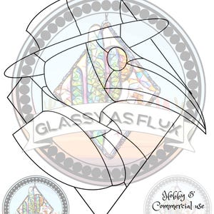 May include: A stained glass pattern design featuring a plague doctor mask with a colourful stained glass effect. The text "Plague me" is at the top, with "Glassy As Flux" visible. The design is for hobby and commercial use.