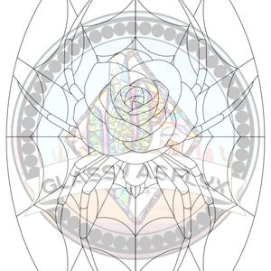 May include: Black and white line art design for stained glass. The design features a rose in the centre, surrounded by a spider web pattern. The image is in an oval shape, with the words "Glassy As Flux" in a circular logo at the top left.