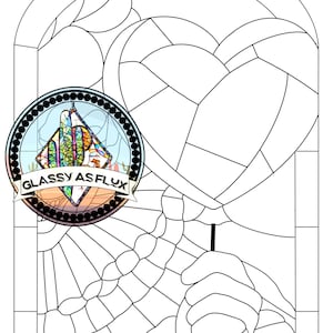 Puede incluir: Ilustración en blanco y negro de un diseño de vidriera. El diseño presenta un elemento en forma de corazón, una mano sosteniendo una cuerda y un logotipo circular con el texto "Glassy As Flux". Adecuado para uso aficionado y comercial.