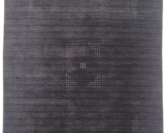 Charcoal Grey Loom Knotted Wool Rug,Minimalist Gabbeh Inspired Area Rug with Tribal Motifs,Handmade Modern Carpet for Living Room & Bedroom