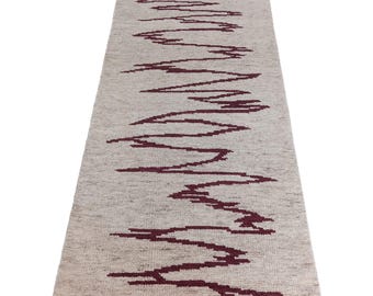 Beige Maroon Handknotted Afghan Wool Runner Rug – Beige & Maroon Zigzag Pattern , Modern Hallway Rug , Handmade Wool Carpet with Fringe