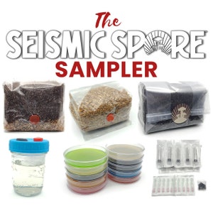 May include: The Seismic Spore Sampler includes a variety of mushroom cultivation supplies, such as grain jars, agar plates, and syringes. The sampler is packaged in a clear plastic bag with the text "The Seismic Spore Sampler" printed on it.