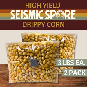 May include: Two clear plastic bags filled with yellow corn kernels. The bags are labeled "3 LBS EA. 2 PACK." Above the bags, text reads "HIGH YIELD SEISMIC SPORE DRIPPY CORN" in white and brown.