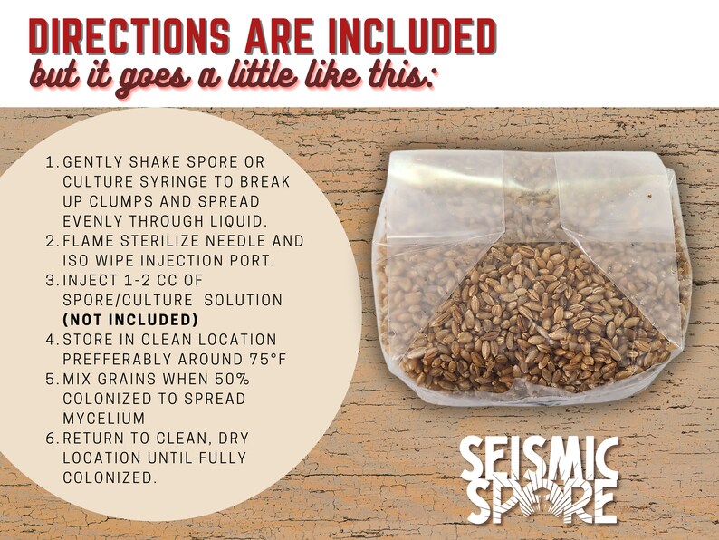 May include: A clear plastic bag filled with brown grains, labeled "Seismic Spore". Instructions for using the grains are printed on a yellow circle, including "Gently shake spore or culture syringe to break up clumps and spread evenly through liquid."