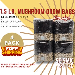 Mushroom Grow Bags: Sterilized Rye Grain, CVG Substrate - 4 Pack