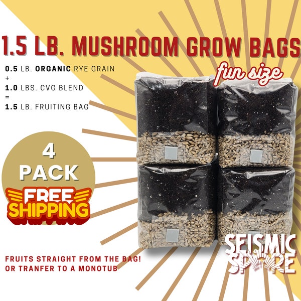 4x All In One Mushroom  Grow Bags, Fun Size 1.5 lbs., Sterilized Rye Grain CVG Substrate Mushroom Cultivation Bags