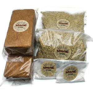 May include: Four bags of brown and beige mushroom grow kits with the label "Seismic Spore" on each bag.