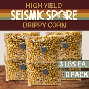 May include: Six clear plastic bags filled with yellow corn kernels. Each bag is sealed with a small, dark gray square. The bags are labeled "3 LBS EA." and are part of a "6 PACK." The top of the image has text that reads "HIGH YIELD SEISMIC SPORE DRIPPY CORN."