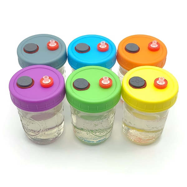 Half-Pint Liquid Culture Solution Jars with Magnetic Stir bar, Leak-proof Plastic Lids, Assorted Colors, 0.22 μm Filter, Self-healing Port