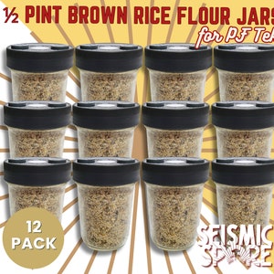 BRF Mushroom Substrate Jars, 1/2 Pint Organic Brown Rice Flour and Vermiculite, Modified Lids with 2 SHIPs - 12 pack