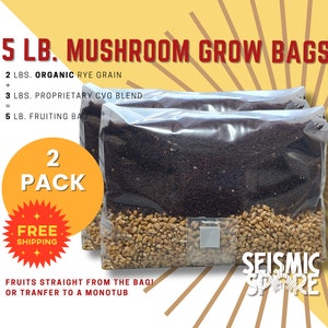 2x Mushroom Grow Bags: 5lb All-In-One Rye & CVG Substrate
