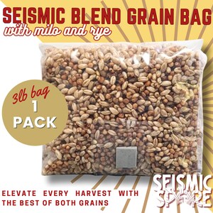 May include: A clear plastic bag filled with a blend of brown and beige grains labeled "Seismic Blend Grain Bag with milo and rye". The bag is labeled with a gold circle that says "3lb bag 1 PACK". The bag is sitting on a yellow and white striped background.