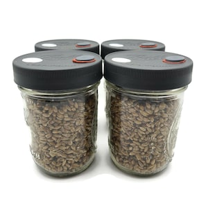 May include: Four black glass jars with black lids and white labels that say "Leak-Proof". The jars are filled with brown grains.