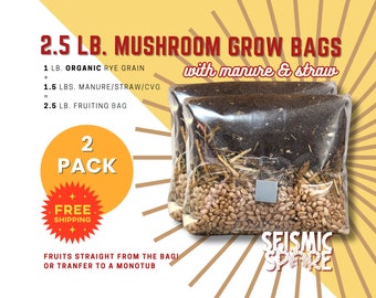 2x Mushroom Grow Bags: Organic Rye, Manure & Straw Blend