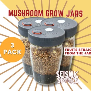 May include: Three glass jars with gray lids and red accents, filled with brown grains and a dark brown layer at the bottom. The jars are labeled "Mushroom Grow Jars" and "Seismic Spore". The text "3 Pack" and "Fruits Straight From The Jar!" are also visible.