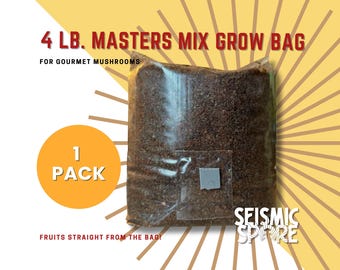 Pode incluir: Um saco de cultivo Masters Mix Grow Bag de 4 libras para cogumelos gourmet. O saco é de plástico transparente e mostra o substrato castanho no interior. O saco tem um rótulo que diz "FRUITS STRAIGHT FROM THE BAG!" e "SEISMIC SPRE".