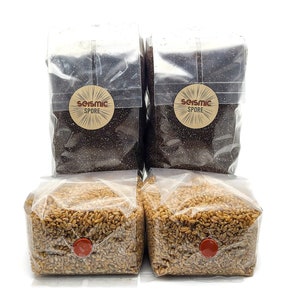 May include: Four clear plastic bags containing brown grain and two clear plastic bags containing light brown grain. The bags with brown grain have a brown label with the text "Seismic Spore".