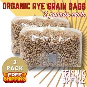 May include: Two clear plastic bags filled with organic rye grain, each bag containing 2 pounds of grain. The bags are stacked on top of each other. The text "ORGANIC RYE GRAIN BAGS 2 pounds each" is visible at the top of the image.
