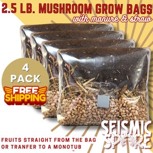 4x 2.5 lb. Mushroom Grow Bags, All-in-One (AIO) with 1 lb. Organic Rye Berries and 1.5 lbs. CVG, Manure, Straw Blend - Great for Dung Lovers