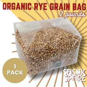 May include: A clear plastic bag filled with organic rye grain. The bag is labeled "ORGANIC RYE GRAIN BAG 2 pounds".