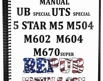 Könnte beinhalten: Ein spiralgebundenes Handbuch mit dem Titel "Minneapolis Moline Technical Manual". Das Cover zeigt Texte wie "UB Special UTS Special", "5 Star M5 M504" und "M602 M604". Das Wort "REPUB" ist in einer patriotischen Schriftart.