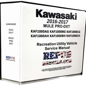 May include: A white binder with a black spine and a Kawasaki logo. The binder is labeled "2016-2017 MULE PRO-DXT Recreation Utility Vehicle Service Manual". The binder is for Kawasaki models KAF1000AG, KAF1000BG, KAF1000CG, KAF1000AH, KAF1000BH, and KAF1000CH.