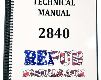 May include: A black and white image of a John Deere Technical Manual for model 2840. The manual is produced by Repub Manuals.com. The text on the cover states that the manual is produced without the authorization of John Deere and that John Deere is not responsible for the quality or accuracy of the manual.