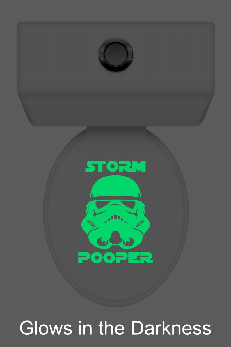 May include: A green glow-in-the-dark toilet seat lid with a Stormtrooper graphic and the text "STORM POOPER".