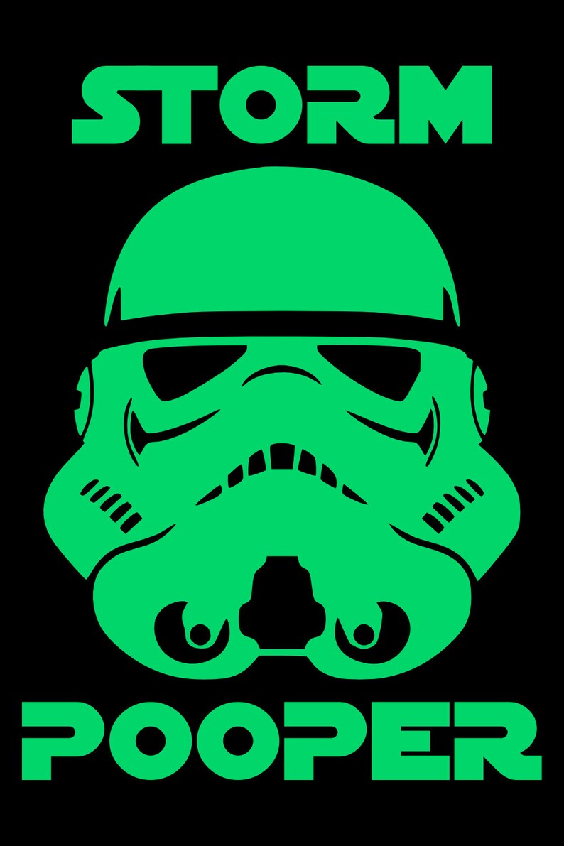 May include: A green and black graphic design of a Star Wars Stormtrooper helmet with the text "STORM POOPER" below it.