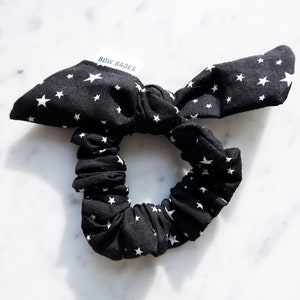 Starry Nights Bunny Scrunchy - Cotton Material - Black & White Star Print Hair Accessory, Scrunchie with removable bow