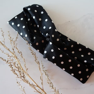 Polka Dot Turban Headband - Black & White Satin Material - Knot Detail - One Size