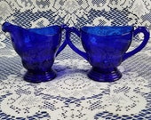 1930 39 s New Martinsville Moondrop pattern, cobalt blue creamer and pitcher