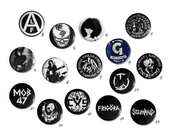 Assorted 1 Inch Punk Pins disclose, Mob 47, Zyanose, Scumraid