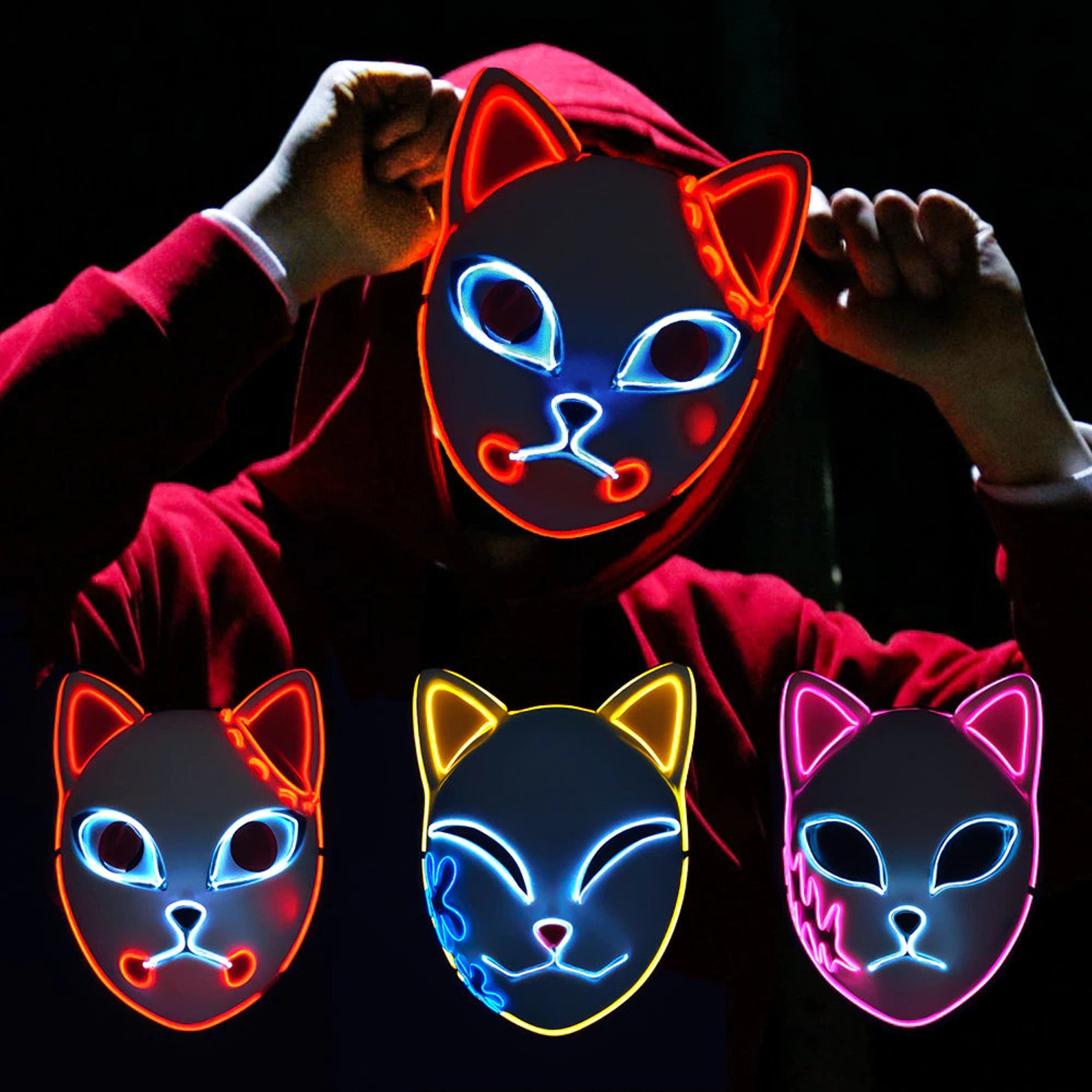 Anime Cosplay Kitsune Mask LED Lighted Cat Face Mask EL Etsy