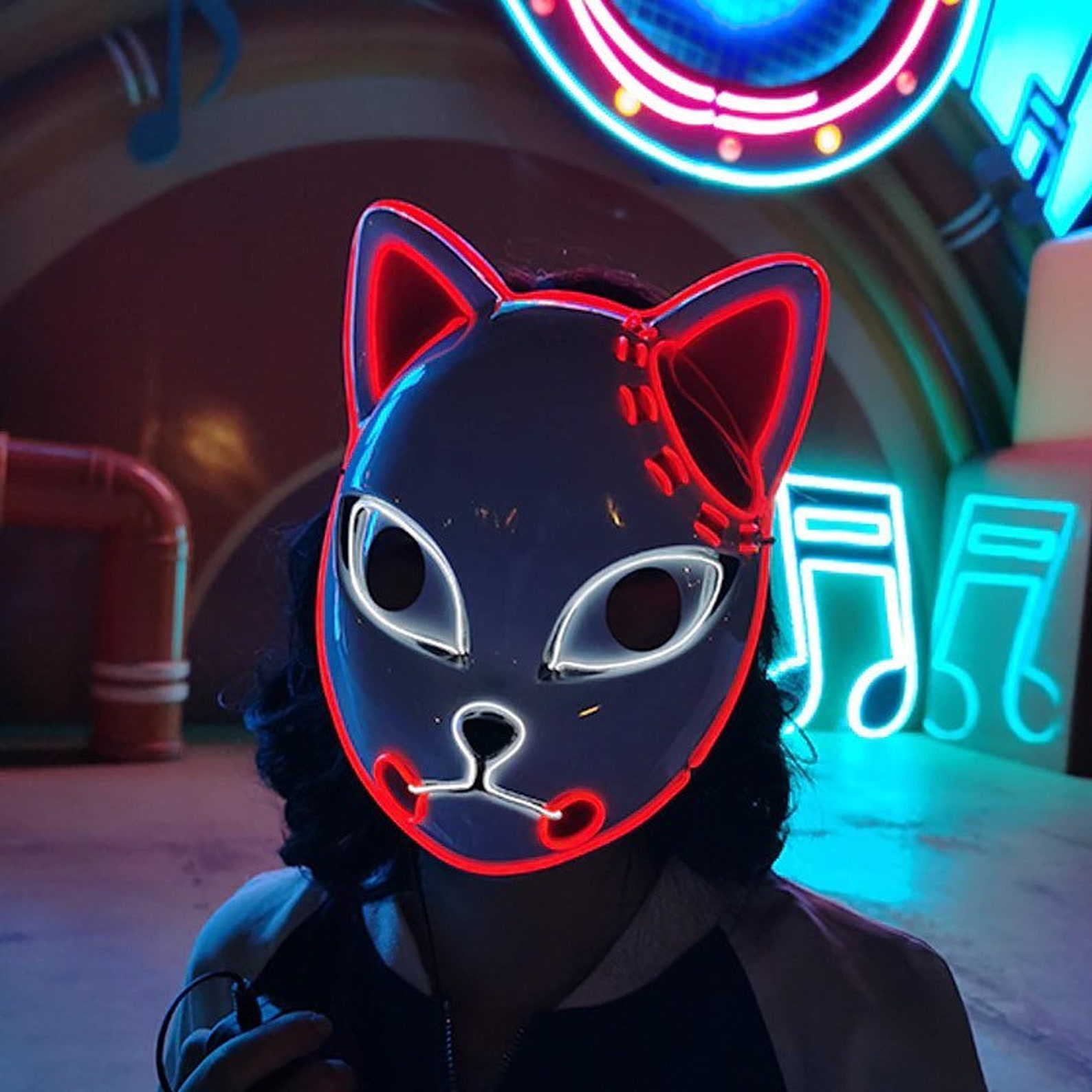 Anime Cosplay Kitsune Mask LED Lighted Cat Face Mask EL Etsy