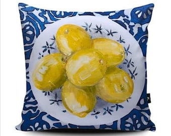 Housse de coussin Citrons, Coussin décoratif, Coussin de véranda, Intérieur luxueux, coussin artistique, ambiance méditerranéenne