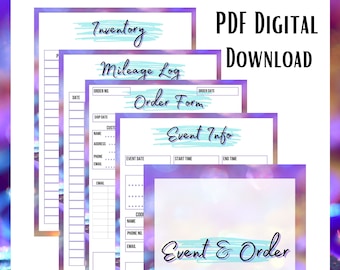 May include: A printable PDF digital download for crafters. The document includes four pages: Inventory, Mileage Log, Order Form, and Event Info. The pages are white with blue and purple accents. The text "Kammy Leigh Collection" is at the bottom of the page.