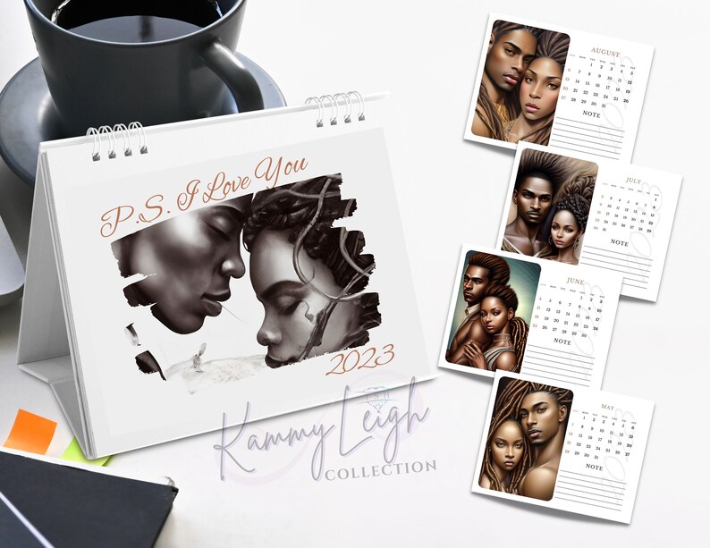 May include: A desktop calendar with a black and white illustration of a couple embracing. The calendar features the text "P.S. I Love You" and "Kammy Leigh Collection". The calendar is for the year 2023.