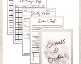 May include: Printable PDF forms for crafters to track inventory, mileage, orders, and events. The forms are designed with a pink and white marble background and the text "Events & Orders for Crafters" is written in a pink script font.
